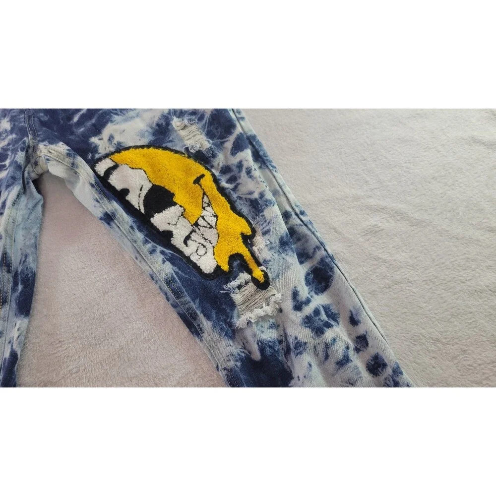 Shein Men's Tie Dye Cartoon Graphic Patched Jeans Blue Distressed Size 40
